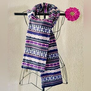 New J Crew Purple Pink White Navy 100% Wool Fair Isle Print Preppy Knit Scarf
